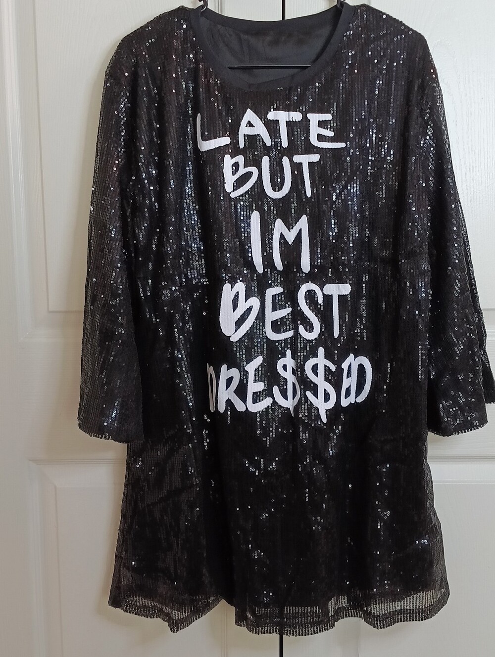 Sequin Statement Tunic - Black with White Script